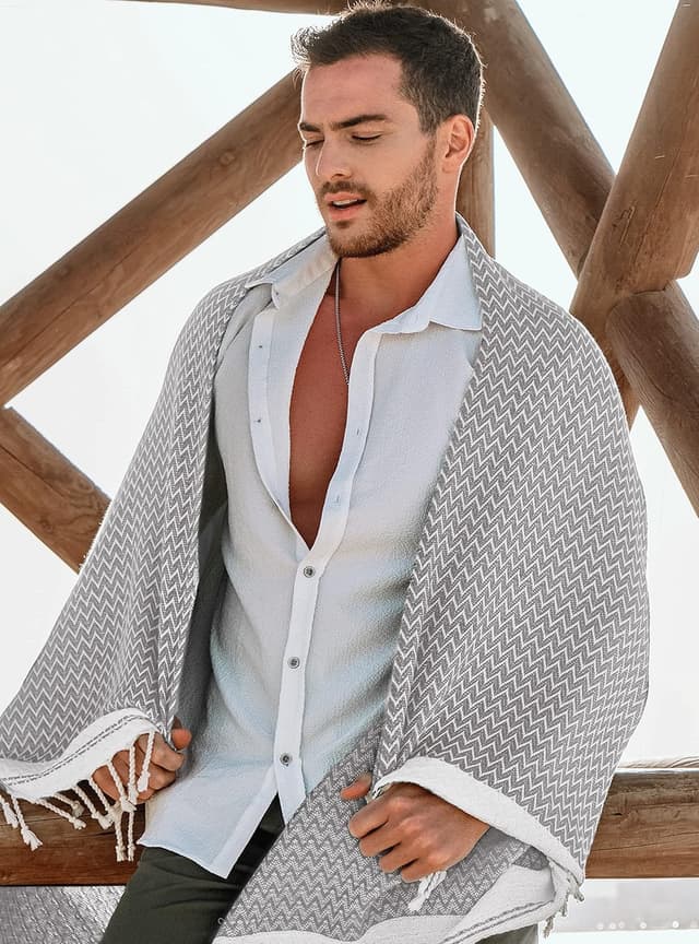 Detalle de MEVLYS Saunatuch & Hamamtuch (2er Pack) aus türkischer Baumwolle – Strand-, Yoga- und Picknickhandtücher, Schwarz/Pastellgrau