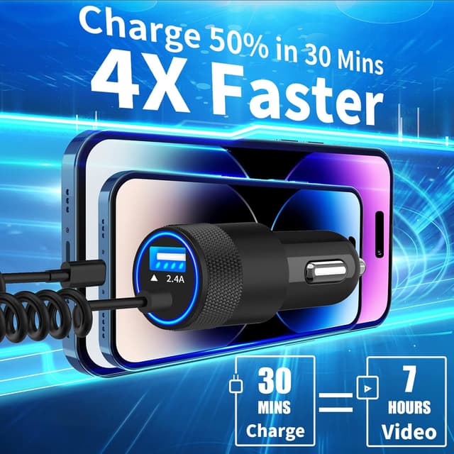 Detalle de Caiinei MFi Certified 4.8A Dual USB Car Charger with 6FT Coiled Lightning Cable