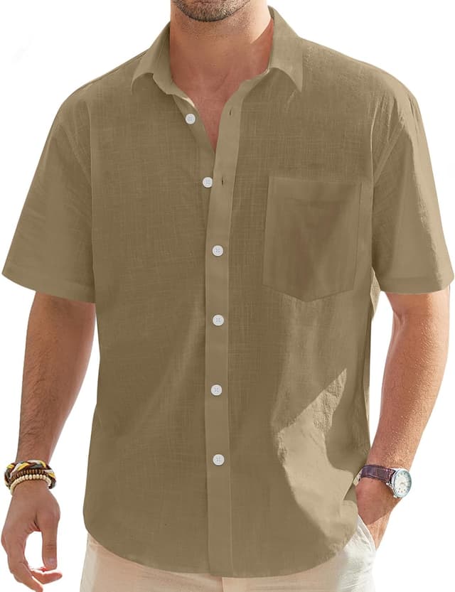 Detalle de J.VER men’s short sleeve linen shirt (regular fit) with pocket
