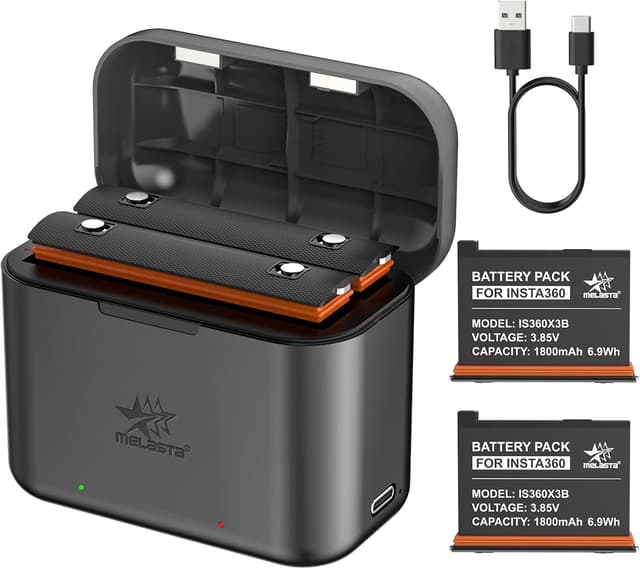 Detalle de melasta Wiederaufladbarer Lithium-Akku für Insta360 X3 (2er Set) inkl. 2-Kanal USB‑C Ladegerät