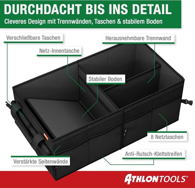Detalle 2 de ATHLON TOOLS Kofferraum Organizer XXL – faltbare Kofferraumtasche mit Deckel, rutschfest und verstärkt