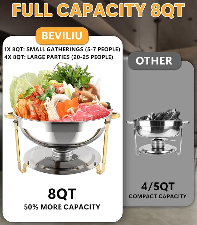 Detalle de Beviliu 8QT Chafing Dishes for Buffet (4-Pack) — Ultra-Large Capacity Warming Trays for Parties & Catering