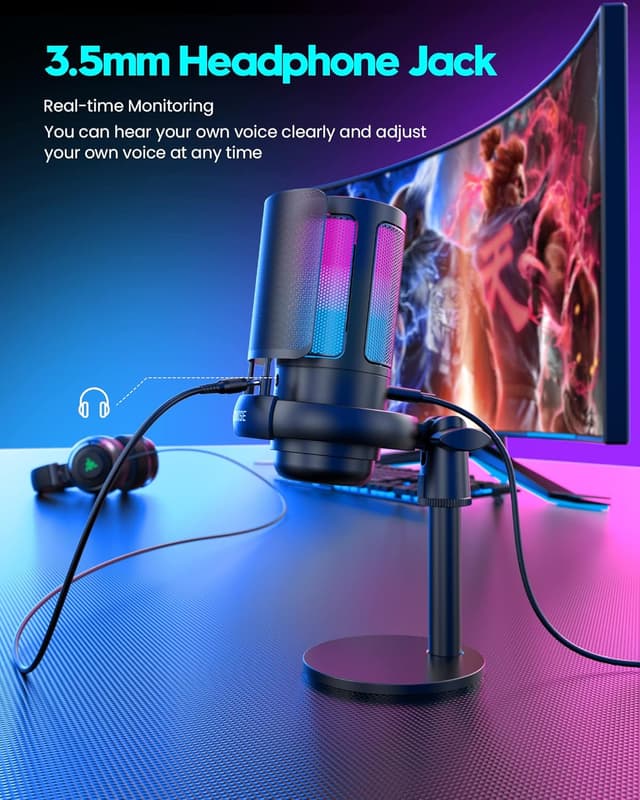 Detalle de Gaming USB Microphone for PC, PS4/PS5 & Laptop — Condenser Mic with Quick Mute, Pop Filter & RGB