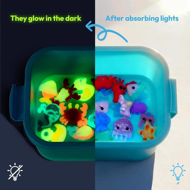 Detalle de Klever Kits Glow-in-the-Dark Water Gel Kit (Magic Fairy Water Pets) with 10 Glow Gels, 12 Sea Creature Molds, and Storage Bottle