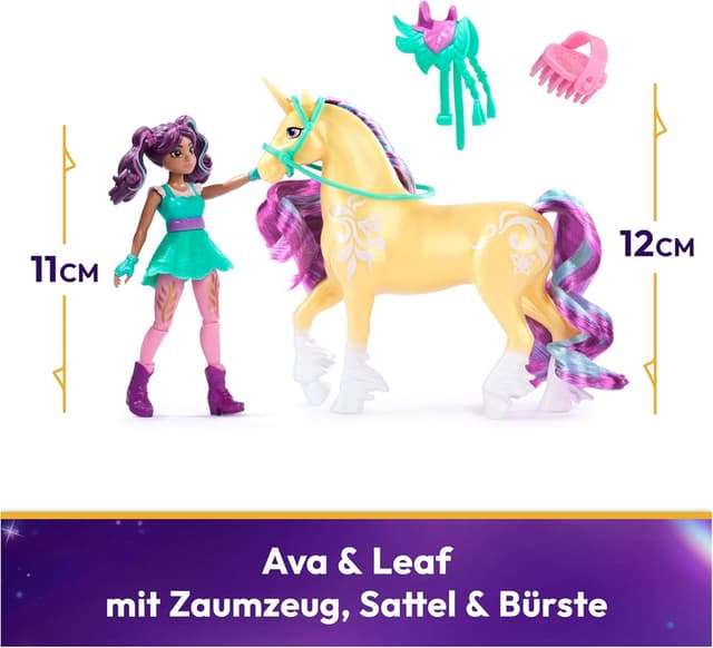 Detalle 2 de Unicorn Academy AVA und Einhorn Leaf Set (ca. 12 cm) – Artikulationspuppe mit 2 Accessoires und Haarbürste, ab 4 Jahren
