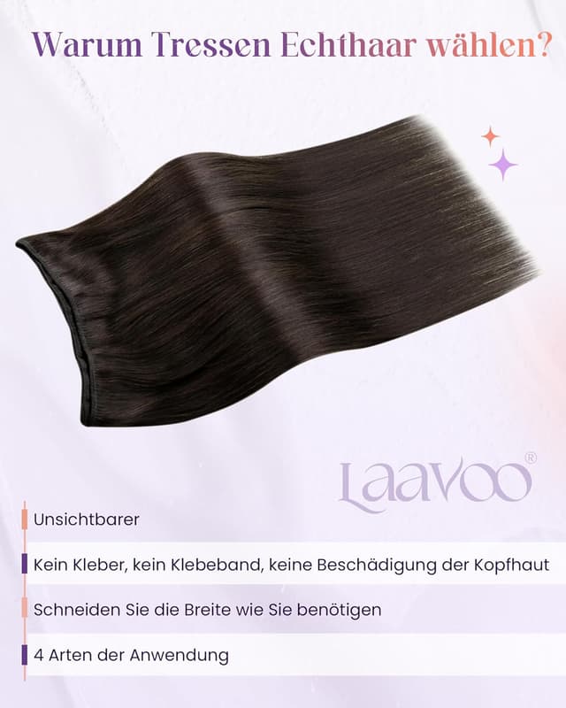 Detalle de LaaVoo Extensions Echthaar Tressen Dunkel Braun (Remy), 100 g, glatt, 40 cm – Echthaar-Extensions mit Mikroperlen-Befestigung