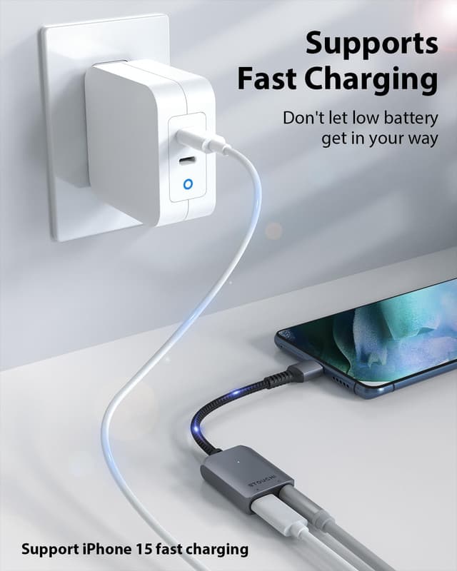 Detalle 2 de Stouchi USB-C to 3.5mm Jack and Charger Adapter (USB-C Aux + PD3.0 fast charging, hi-res DAC)
