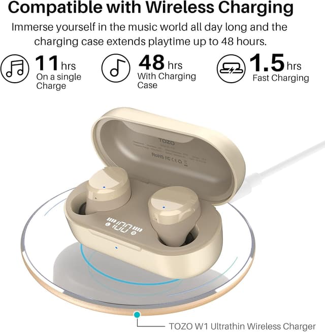 Detalle de TOZO T12 Wireless Earbuds (Bluetooth 5.3) with touch control and wireless charging case