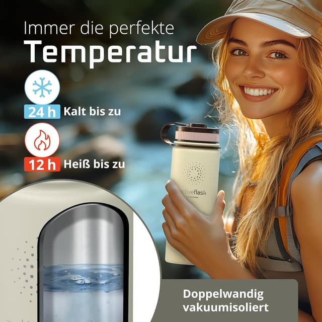 Detalle de ACTIVE FLASK Edelstahl-Trinkflasche mit Strohhalm und 3 Deckeln – auslaufsicher, BPA-frei