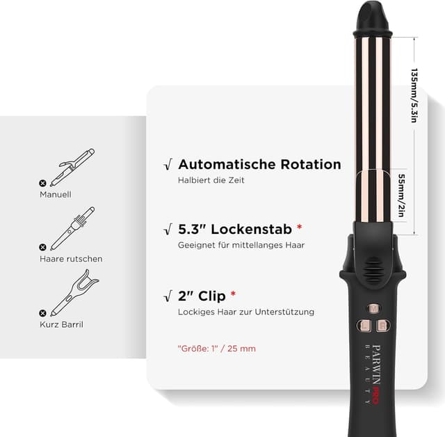 Detalle de PARWIN PRO BEAUTY automatischer 360° Rotierender Lockenstab mit LCD, 25 mm, Nano-Titan-Beschichtung – 120–210 °C