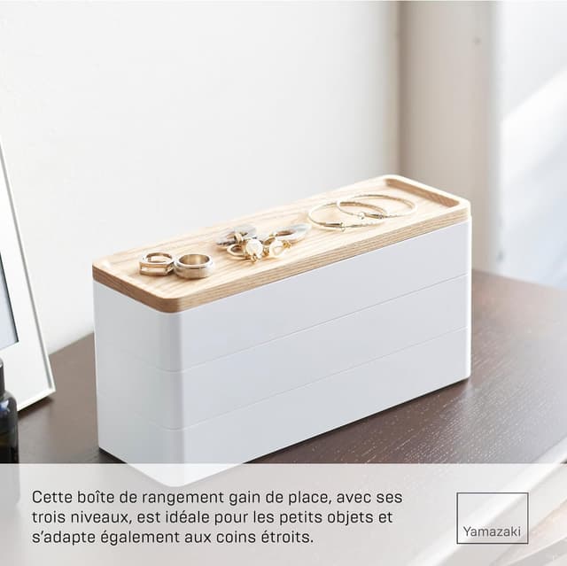 Detalle 2 de YAMAZAKI 5811 RIN – Mallette d’accessoires à 3 compartiments avec couvercle en bois (blanc)