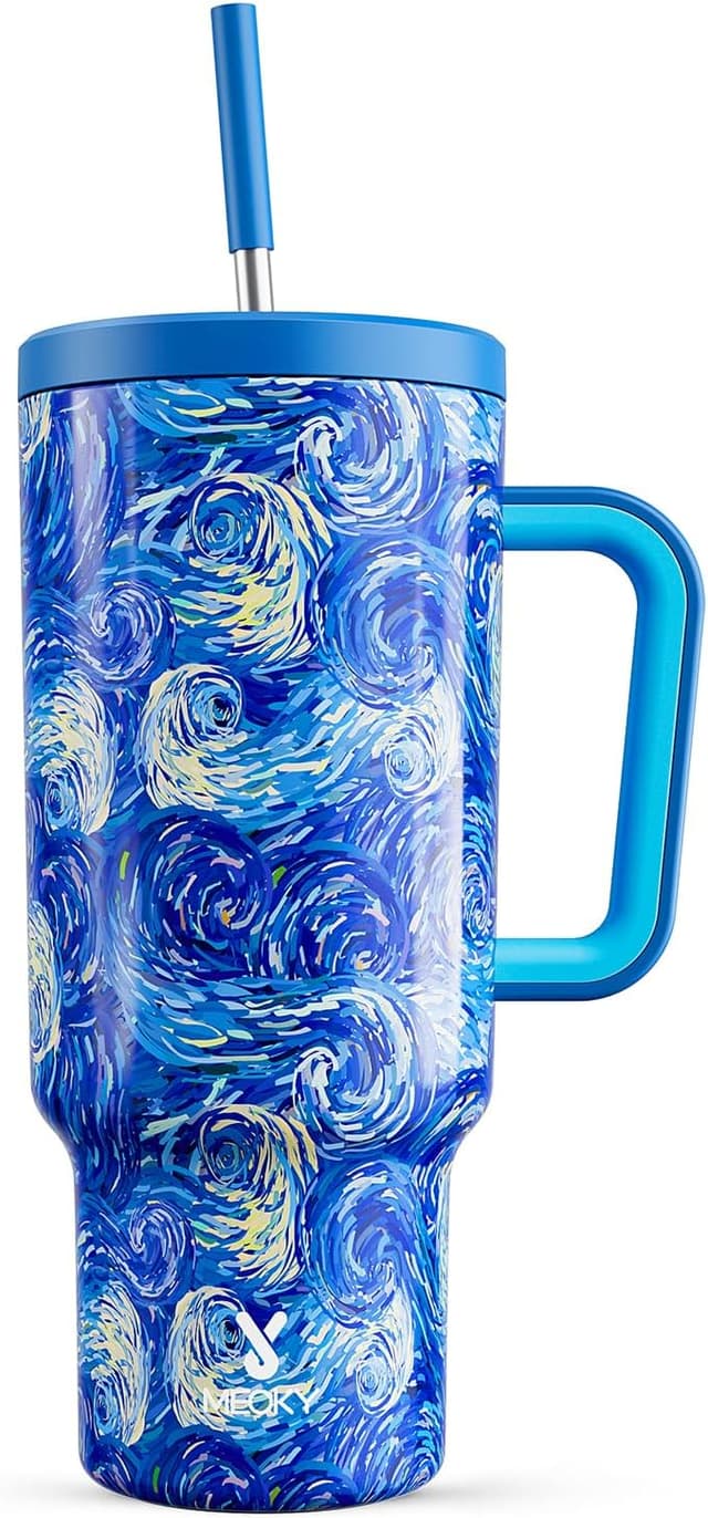 Detalle de Meoky 40 oz Tumbler with Handle and Straw (Van Gogh) — Insulated, Leakproof Cup for Car Holders