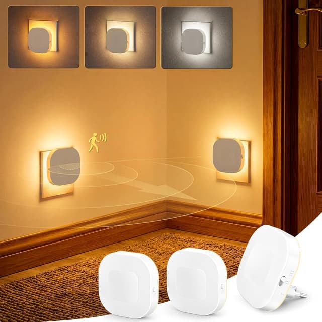 Detalle de NIORSUN Nachtlicht-Steckdose mit Bewegungs- und Dämmerungssensor (3er-Set) – dimmbares LED-Licht 1800K–5000K