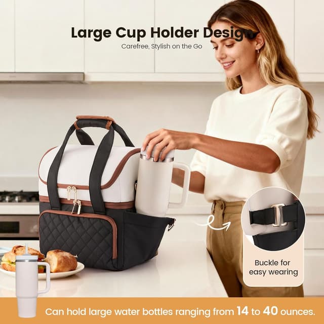 Detalle 2 de LOVEVOOK Large 15L Insulated Lunch Bag with Double Deck, Cup Holder & Leakproof PEVA Liner
