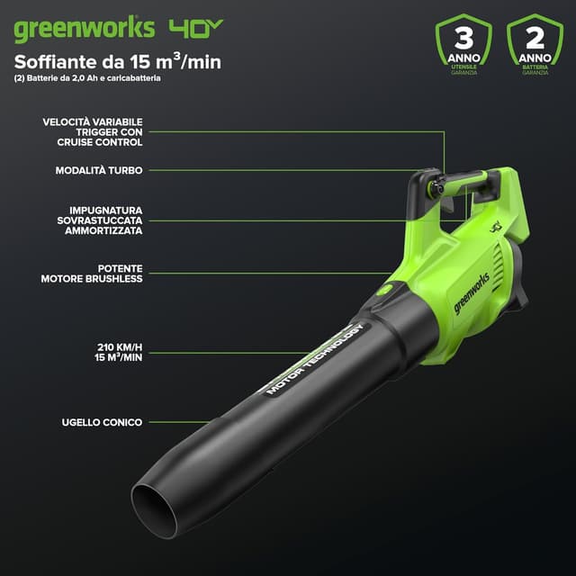 Detalle de Greenworks GD40ABK2X Soffiatore di foglie a batteria 40V brushless, 210 km/h e 15,6 m³/min