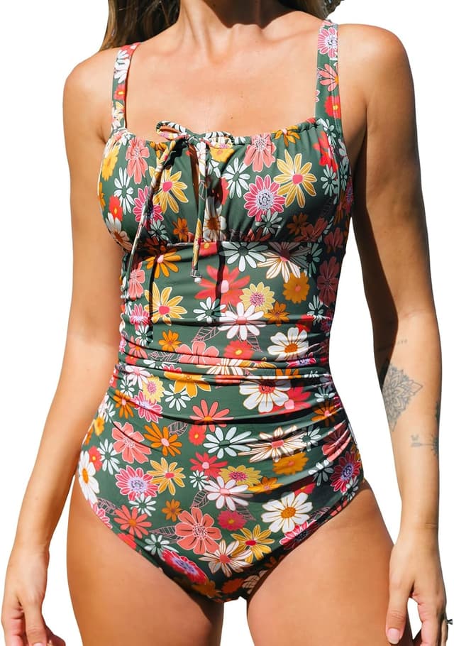 Detalle de CUPSHE Costume da bagno intero donna con scollo quadrato dietro ritagliato, coulisse e gancio posteriore