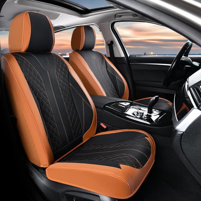 Detalle de FLORICH Leather Seat Covers for Cars (Front) – Waterproof Faux Leather, Universal Fit, Brown & Black
