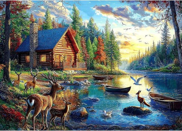 Detalle de Blueforest 1000-Piece Jigsaw Puzzle for Adults: Lake Lodge & Elk Autumn Landscape