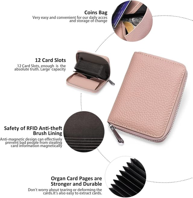 Detalle de SENDEFN Damen-Geldbörse aus Leder mit Reißverschluss, RFID-Schutz und 12 Kartenfächern (Kurzformat)