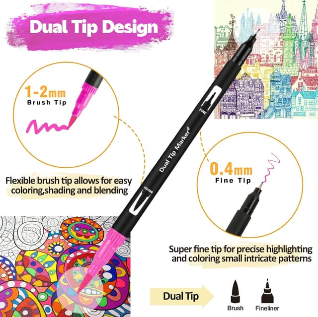 Detalle de FORETOY Dual Brush Pen Set (24 Farben) – mit Fineliner-Spitze 0,4 mm und Pinselspitze 1–2 mm
