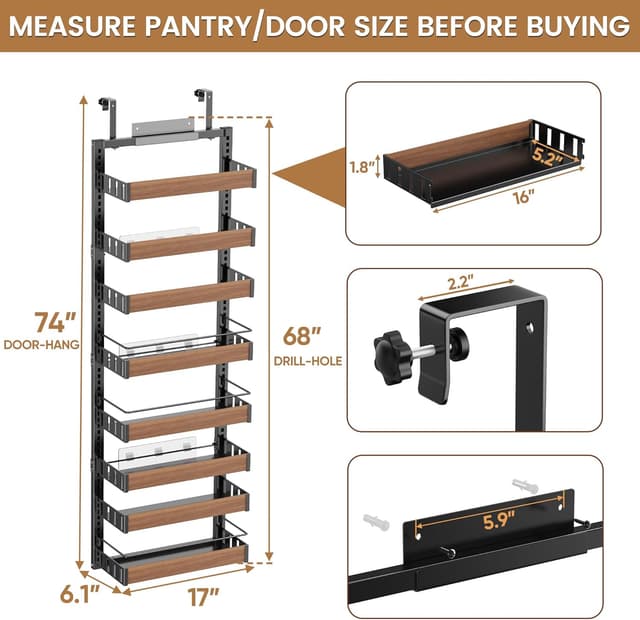 Detalle de POKIPO 8 Tier Over The Door Pantry Organizer (2-in-1 Wall Mount or Hanging Spice Rack Storage)