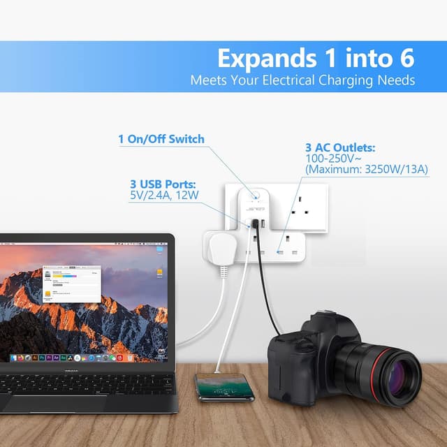 Thumbnail 1 de JSVER Plug Adapter 3 Way with 3 USB 13A