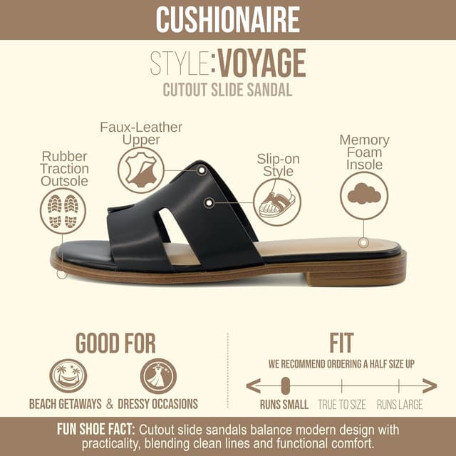 Detalle de CUSHIONAIRE Voyage Cutout Strap Slides for Women — memory foam comfort slip-on summer flats