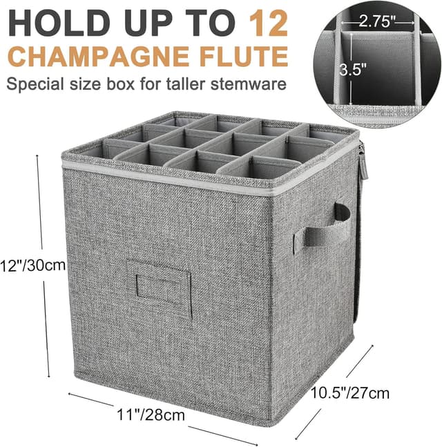 Detalle 2 de LotFancy Champagne Flute Storage Container (Hard Shell, Stackable) with Dividers & Handles, Grey