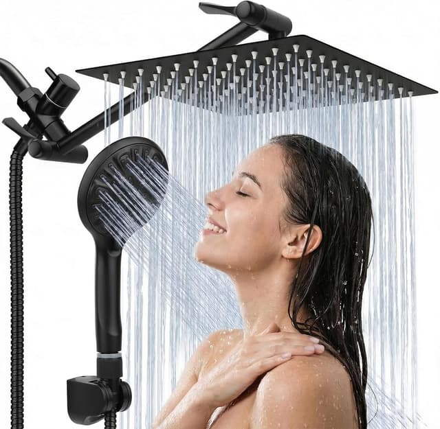 Detalle de Tudoccy SHP-HS Shower Head Combo (8" Rainfall + Handheld) in Matte Black with 11" Extension Arm