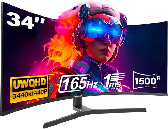Detalle de Gawfolk 34" Ultrawide Curved Gaming-Monitor (1500R) – UWQHD 3440×1440, 165 Hz, FreeSync, VESA 75×75