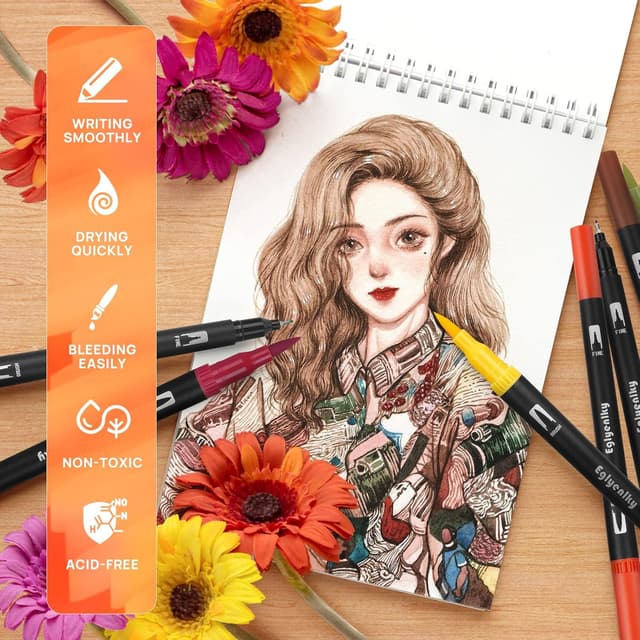 Detalle de Eglyenlky 36-Colour Dual-Tip Markers for Adult & Kids’ Colouring (Brush and Fine Tip)