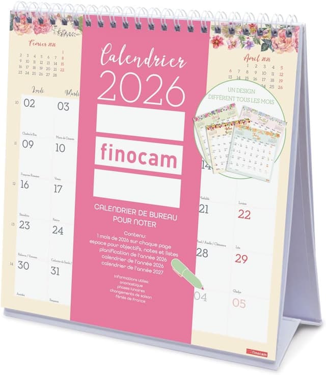 Detalle de Finocam Calendrier magnétique 2026 (Janvier–Décembre 2026) — 1 mois par page, en français