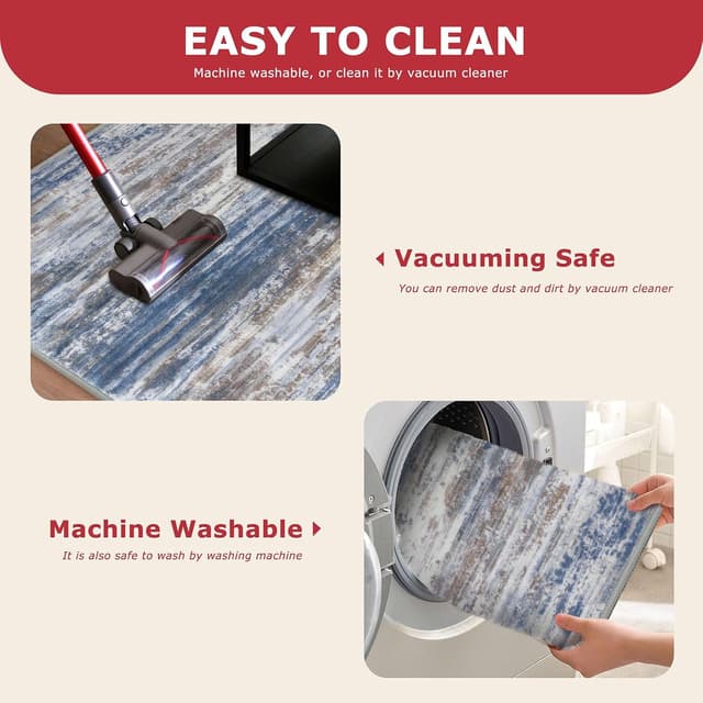 Detalle de KOZYFLY Modern Abstract Washable Rug Runner, 2.6x16 Non-Slip Hallway Runner in Blue Rust Stripes