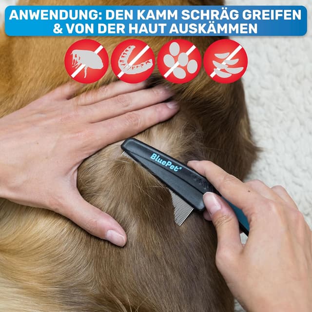 Detalle de BluePet Flohkamm + Flohkarte für Hunde & Katzen – sanftes Auskämmen gegen Flöhe, Läuse & Zecken