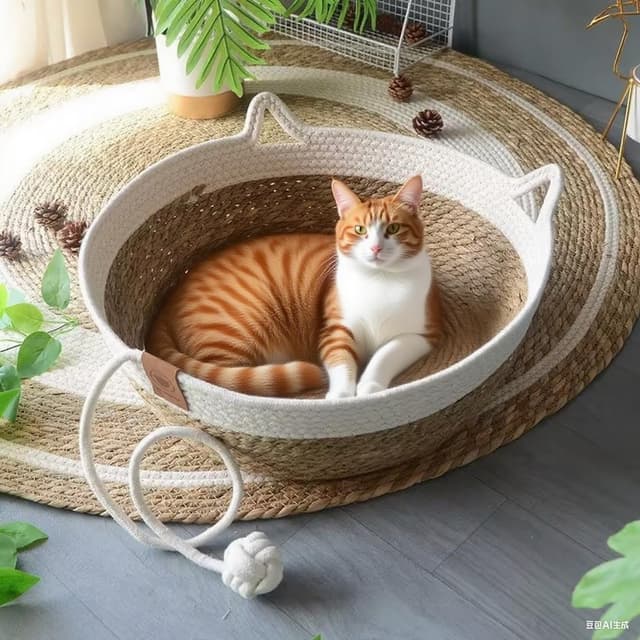 Detalle de Rukuapid Cuty Cat Basket Bed: Woven wicker kitten basket with toy ball (40x40x13cm)
