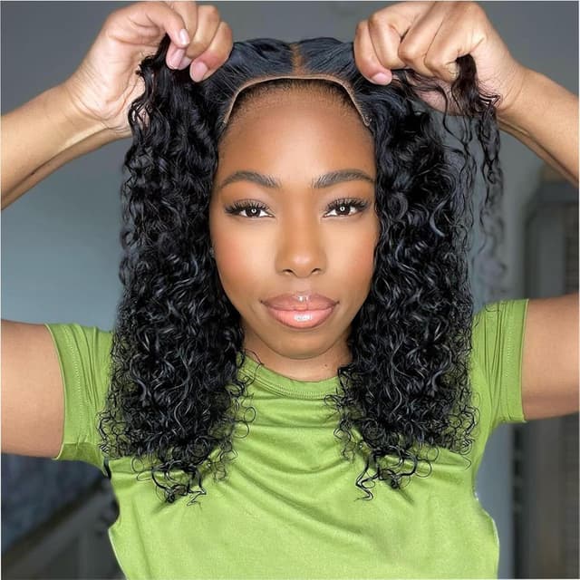 Detalle de Ailwelia Curly Bob Wig (Human Hair Deep Wave) 5x5 HD Lace Glueless, 200% Density, 14 Inch