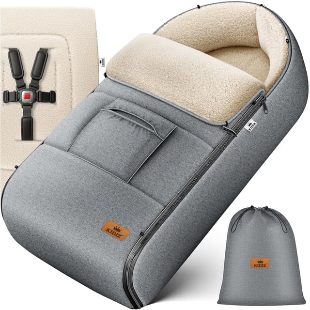 Detalle de Kidiz Babyfußsack Winter für Babyschale & Kinderwagen (Jeans Grau) mit Reißverschluss und verschließbarem Kopfteil