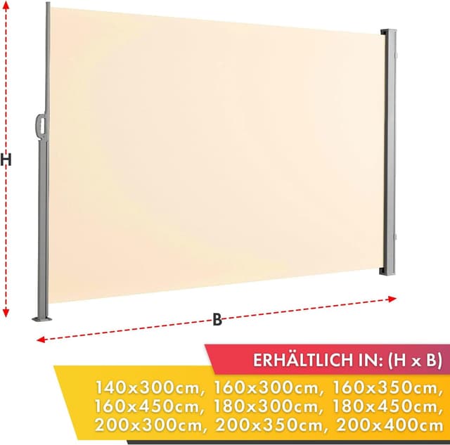 Detalle 2 de Floordirekt Seitenmarkise aus Aluminium (180x450 cm) in Beige – ausziehbarer Sicht- und Sonnenschutz für Balkon & Terrasse