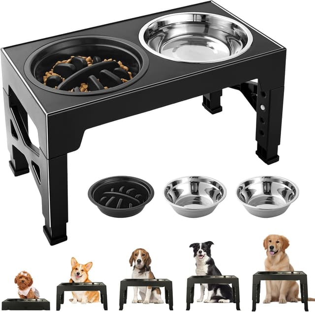 Detalle de Ciotole per cani Rialzate regolabili con 2 ciotole in acciaio inox (1200 ml) e 1 anti-ingozzo (800 ml) + base antiscivolo