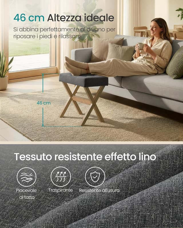 Detalle 2 de SONGMICS Sgabello da toeletta imbottito LSF006GN01, poggiapiedi e sgabello trucco in legno a X (32 x 42 x 46 cm)