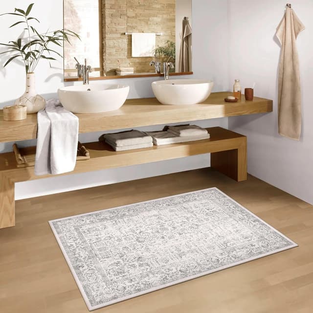 Detalle de HUGEAR Vintage grauer waschbarer Bereichsteppich (60x90 cm) für Eingangsbereich & Bad