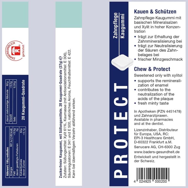Detalle de BADERs PROTECT Kaugummi aus der Apotheke – 4 Sorten Zahnpflege-Kaugummi (vegan)