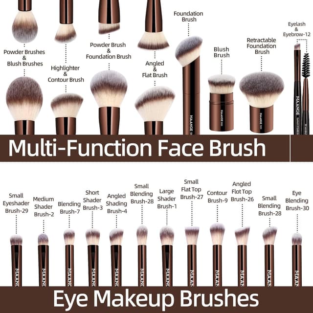 Detalle de MAANGE 20-Piece Foundation & Eye Makeup Brush Set with Double-Ended Kabuki Brushes (Coffee)