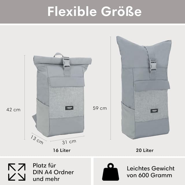 Detalle de Larkson Rolltop-Rucksack No 4 (Damen & Herren) mit Laptopfach bis 16 Zoll – wasserabweisend, für Uni, Arbeit & Fahrrad