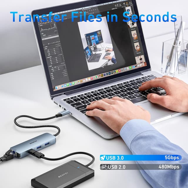 Detalle de BENFEI 6in1 USB‑C Hub mit HDMI (4K@60Hz), Gigabit Ethernet und 100W PD – 3× USB‑A (5 Gbps)