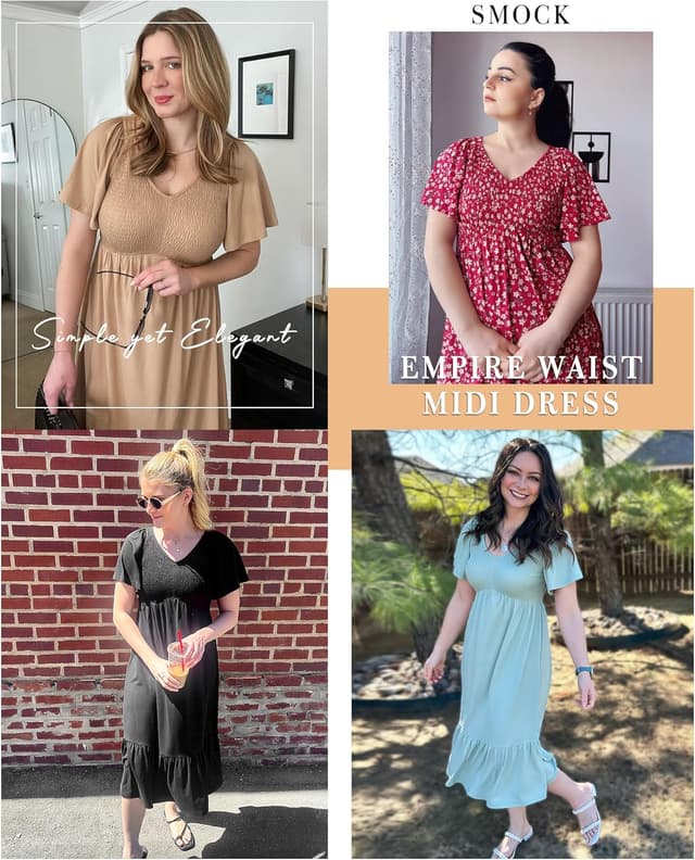 Detalle de AUSELILY Women’s Summer Empire Waist Smocked Flutter V-Neck Midi Dress