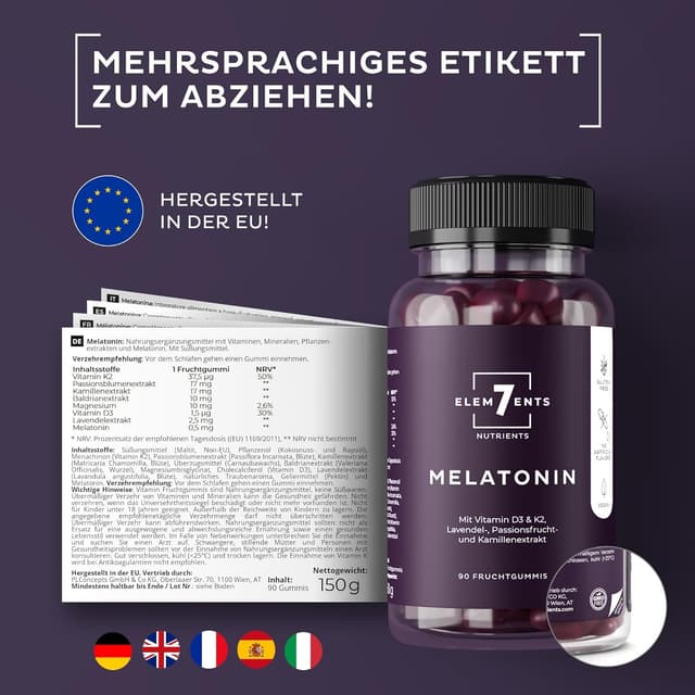 Detalle de Melatonin Gummies zuckerfrei & vegan mit Baldrian, Kamille, Lavendel & Passionsblume – Schlaf-Einschlafgummis