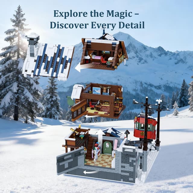 Detalle de PANTASY Winter Ski Lodge Bauset – 3-stöckige Alpenlodge mit Seilbahn, Eishöhle & Minifiguren