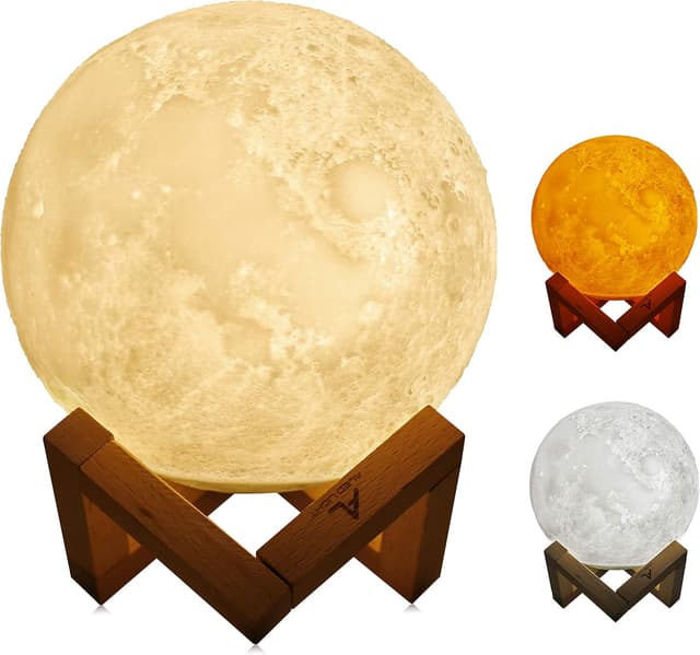 Detalle de 5.9 Inch LED Moon Night Light (3D Moon Lamp) with Touch & Tap Dimming, USB Charging and Wooden Stand