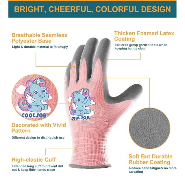 Detalle de COOLJOB Childrens Garden Gloves (3 Pairs) for Ages 4–6, Non-slip Latex Coating, Elastic Cuffs (S)